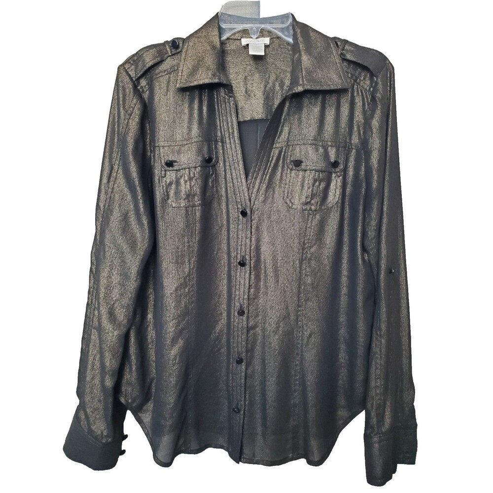Cache Black with Gold Shimmer Semi-Sheer Roll-Tab Sleeve Button-Up Top Size LGE